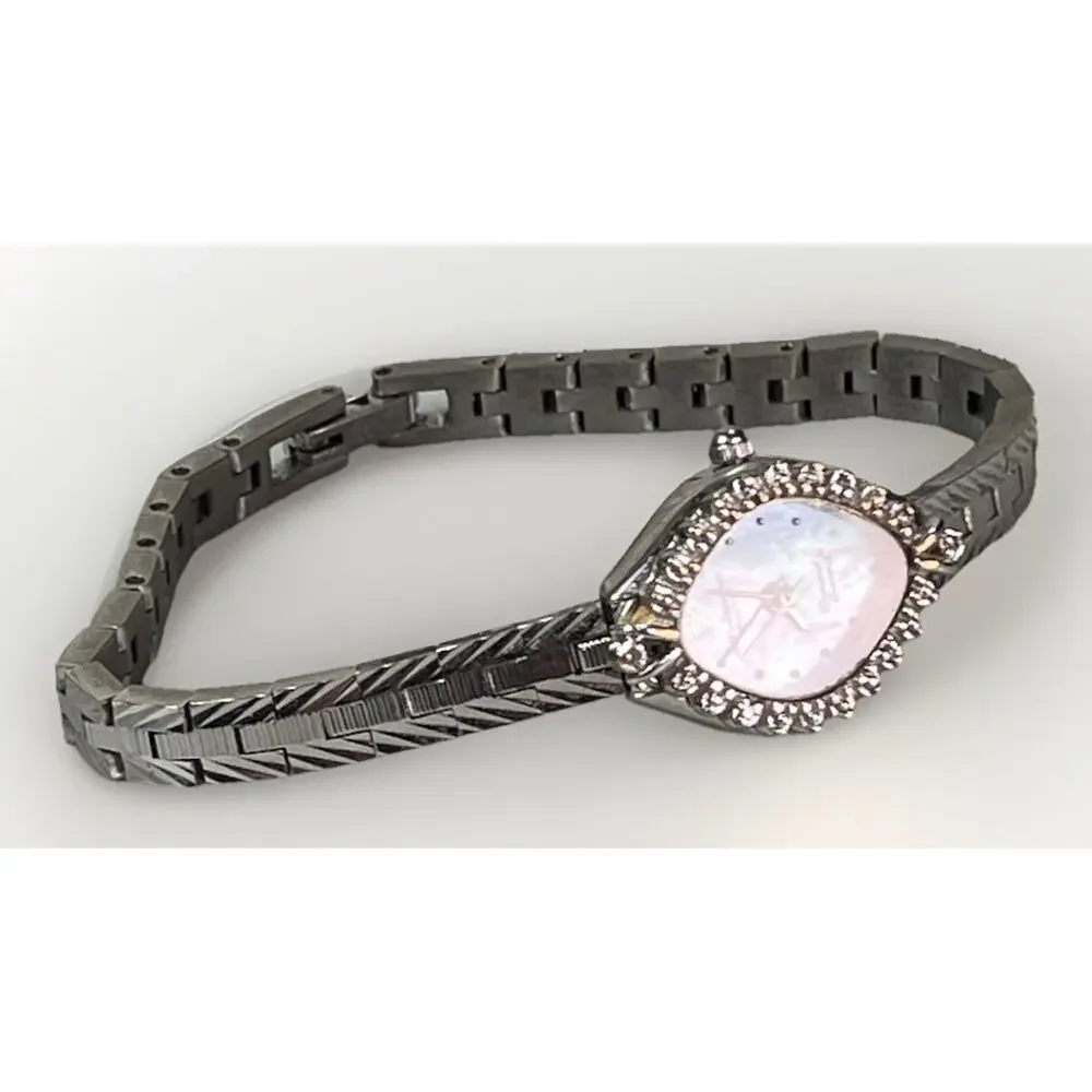 Vintage Jules Jurgensen Silver Tone Quartz Watch Diamond Bezel Women's Bracelet
